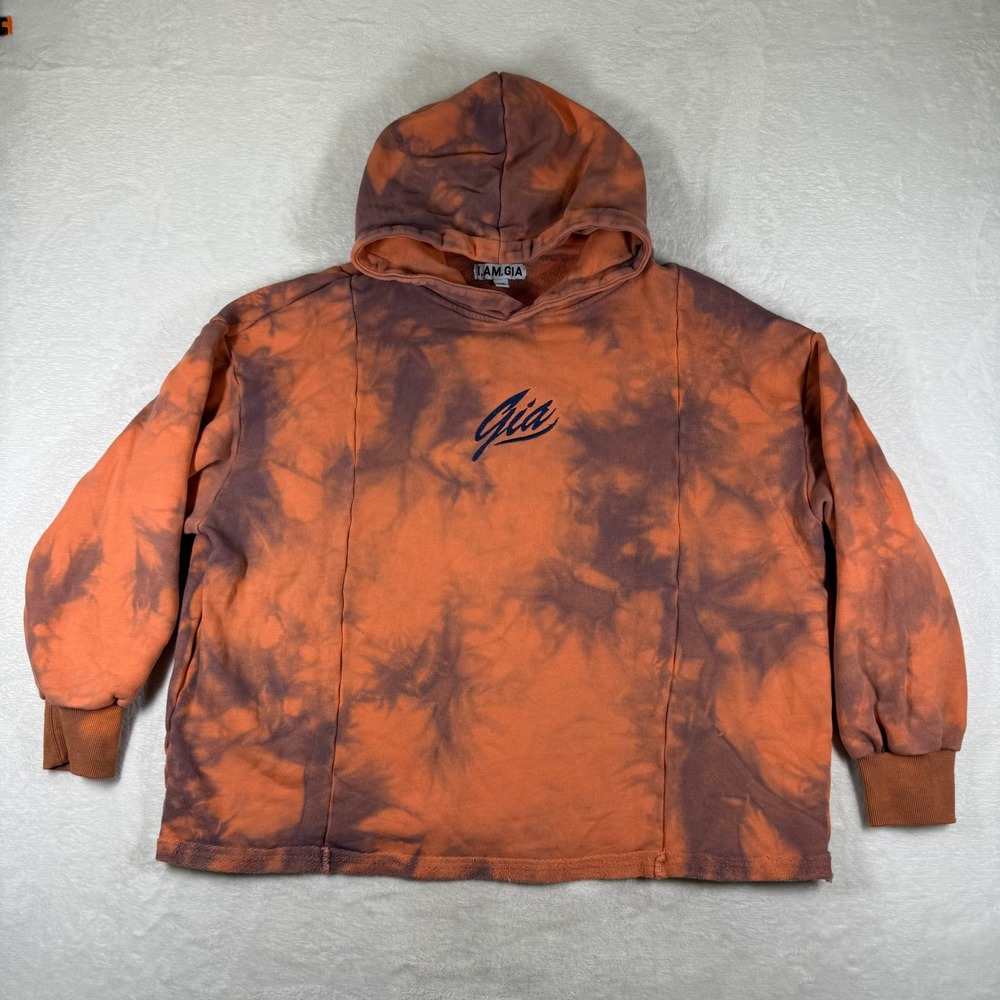 I.AM.GIA Womens XS Orange Brown Tie Dye Oversized Hoodie Embroidered Logo Cotton